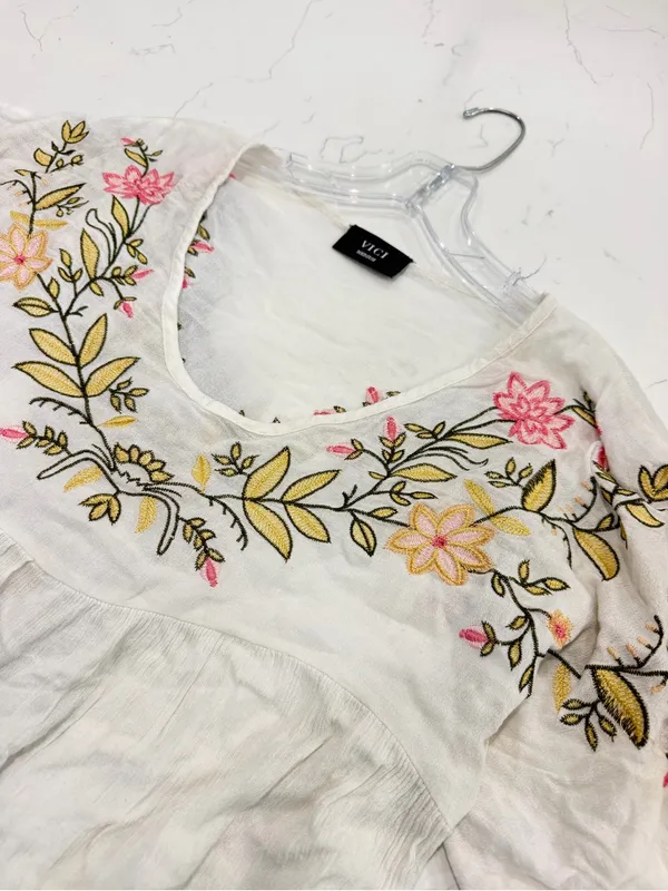 VICI White V-Neck Embroidered Boho Top with Pink & Yellow Floral - Image 5