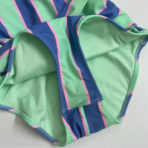 Fabletics Swimsuit Leotard Striped Tie Front Back Scoop Back Green Blue Pink - Image 3