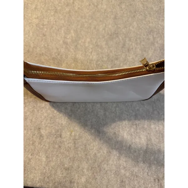 White and Brown Baguette Shoulder Bag Minimalist Two Tone Handbag Gold Zipper - Image 3