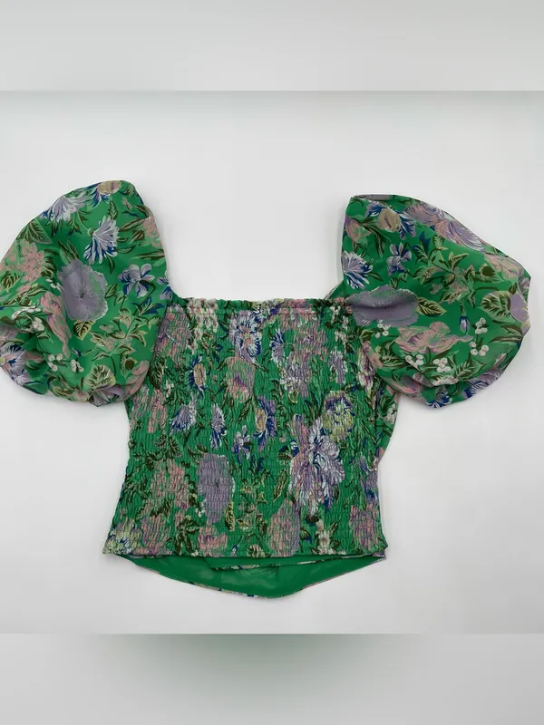 ASTR the Label Summer Magic Green Floral Print Puff Sleeve Wrap Top Blouse Small - Image 5