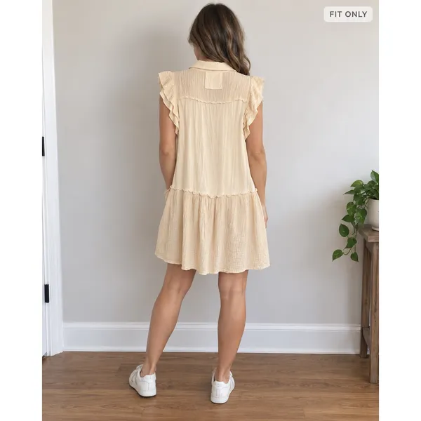 POL Boho Pleated Ruffle Mini Dress Cream Ivory Size M FKD10 - Image 4