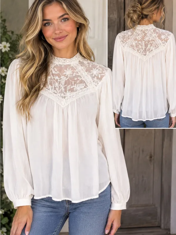 Eilly Bazar White Lace Yoke Boho Blouse Romantic Victorian Peasant Size M - Image 2