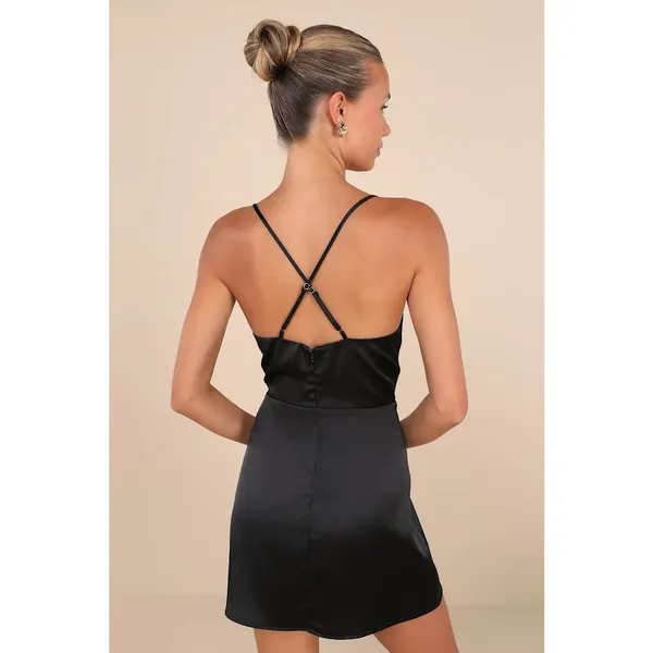 NWT Lulus Luxe Reputation Black Satin Sleeveless Cowl Neck Mini Dress Party Sz M - Image 3