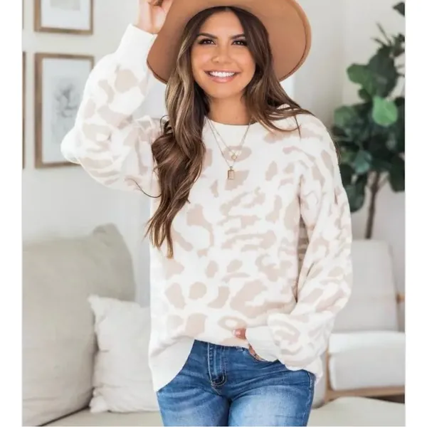 Pink Lily Animal Cheetah Print Balloon Sleeve Sweater Ivory Tan‎ Small - Image 2