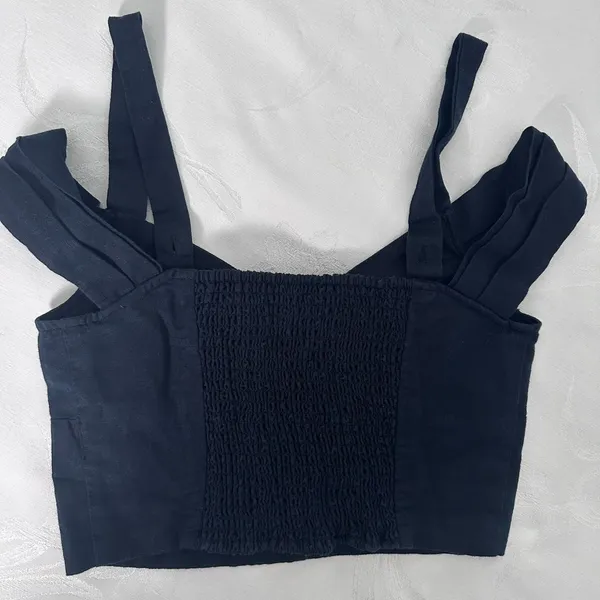 Anthropologie Maeve Size-XS Black‎ Linen Off The Shoulder Twist Crop Top - Image 13