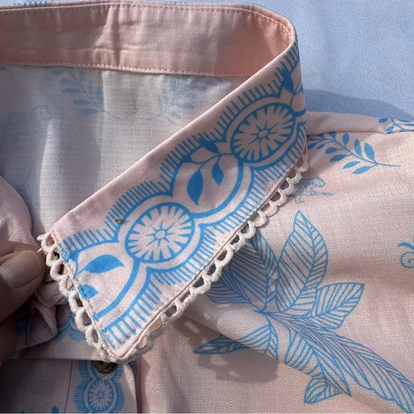 YOZY Pink Blue Palm Print Shirt Dress Belted Linen Blend Size L (8-10) - Image 12