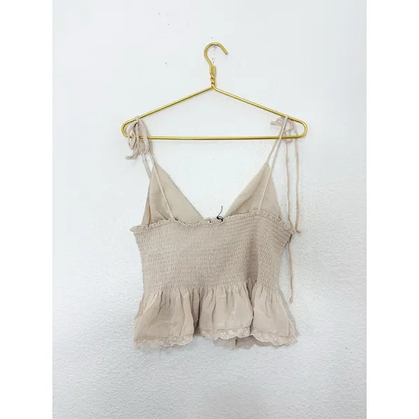 NWT Zara Tan Smocked Tie Straps Lace Trim Top Size Medium 0881/010 - Image 12