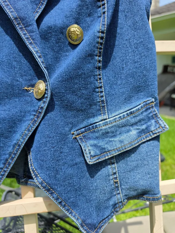 Double-Breasted Denim Vest in Dark Blue with Gold Buttons Small - Image 3