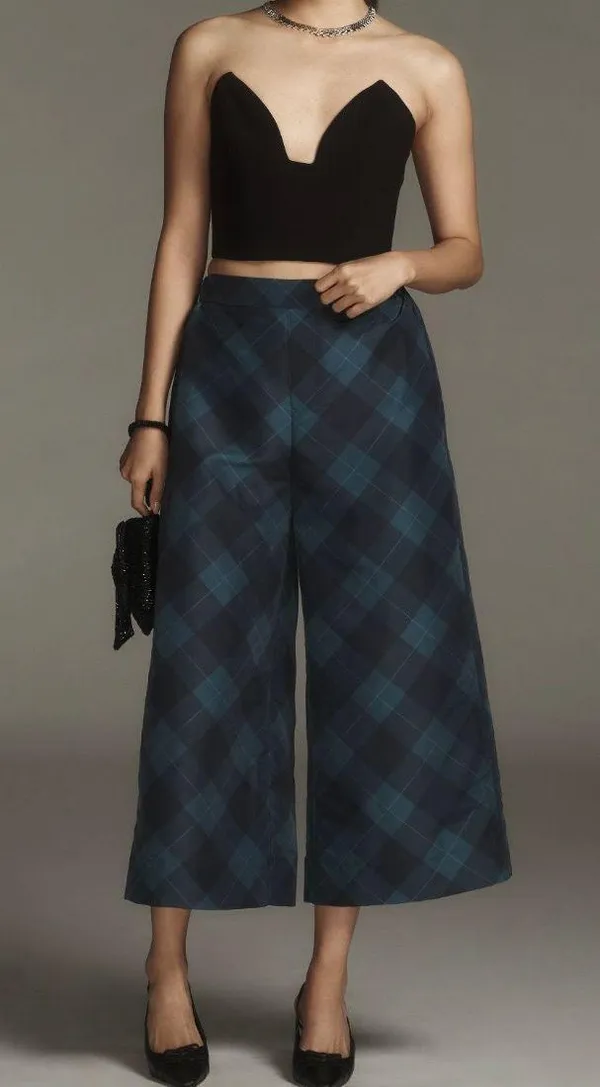 Anthropologie Maeve Taffeta Cropped Plaid Wide-Leg Pants, Size M - Image 6