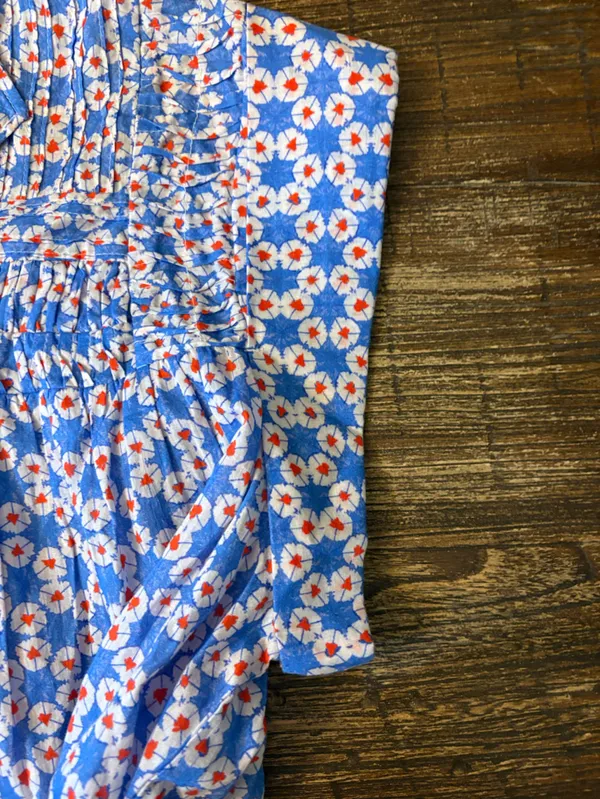 Ro's Garden Women's M Blue Red Floral Cotton Pintuck Puff Sleeve Blouse - Image 4