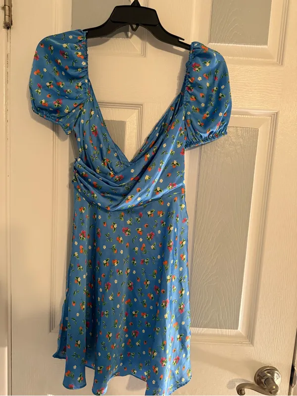Zara Satin Blue Floral Short Puff-Sleeve Mini Dress - Image 4