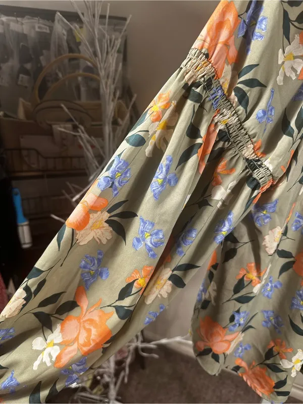 S62. Frye- Floral Button-Front Peasant Blouse - Olive with Orange & Blue Flowers - Image 6