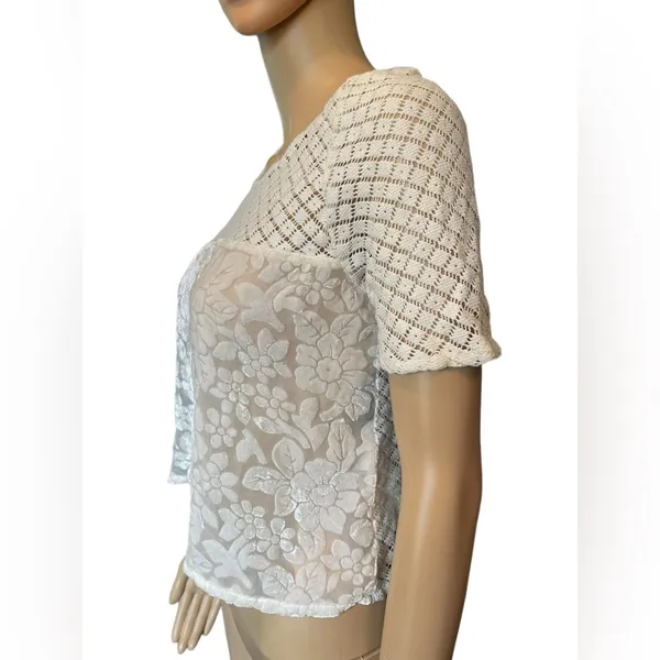 Abercrombie & Fitch Cream Boho Western Hippie Crochet Floral Velvet Crop Top - Image 4