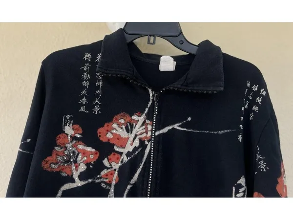 VTG Jess & Jane Art of Asia Zip Jacket Black Floral Embellished Rhinestone USA - Image 2