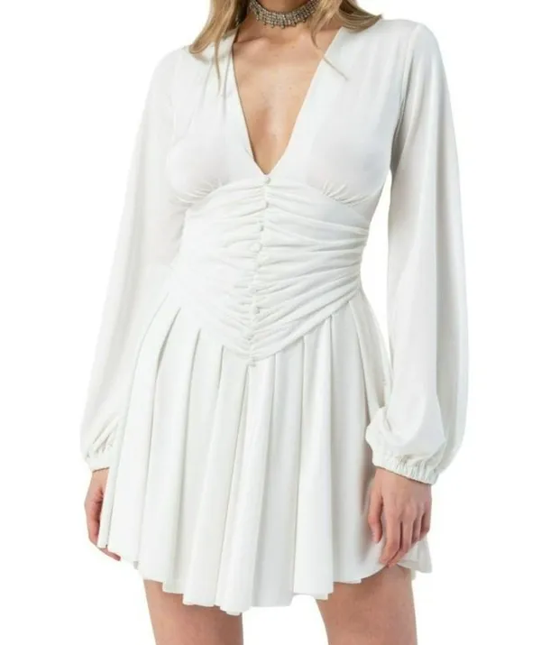 KikiRiki V-Neck Long Sleeve Ruched Mini Dress White Size Small NWT - Image 2