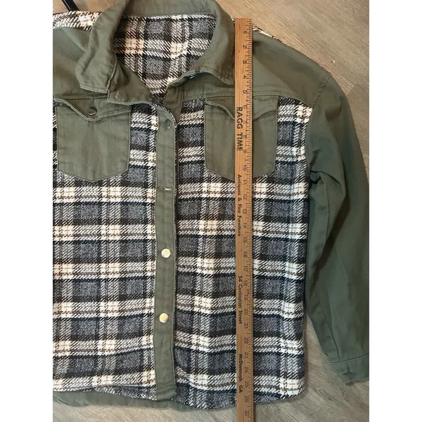 Womens Coats Size Large Cufflink Cotton Denim Plaid Shirt Jacket Army Green - Image 3