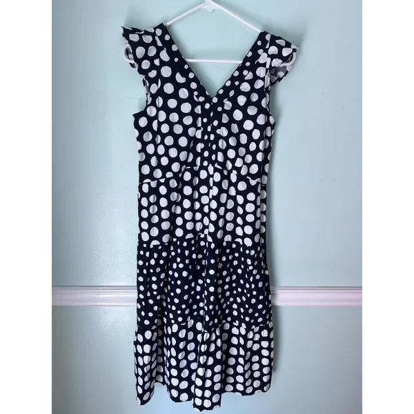 LOFT Midi Shift‎ Dress Blue White Circle Print Cap Short Sleeve Pullover XXS NWT - Image 2