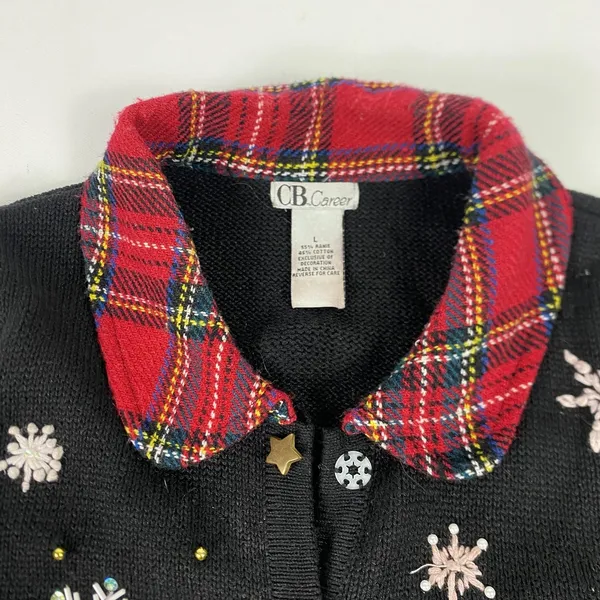 CB Career Sweater‎ Vest Womens Large Black Snowman Plaid Collar Ugly Christmas - Image 5