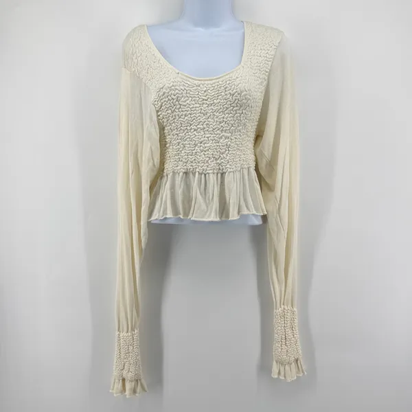 Free People Free Spirit Smocked Crop Top S Ivory Cream Peplum Ruffle Knit Blouse - Image 4