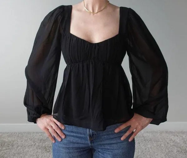 Abercrombie Long Sleeve Black Ruched Sweetheart Puff Sleeve Top Size S - Image 6