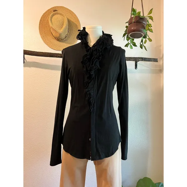 Blue Label 80s Ralph Lauren Black Ruffled Long Sleeve Cotton Blouse Size Medium - Image 13