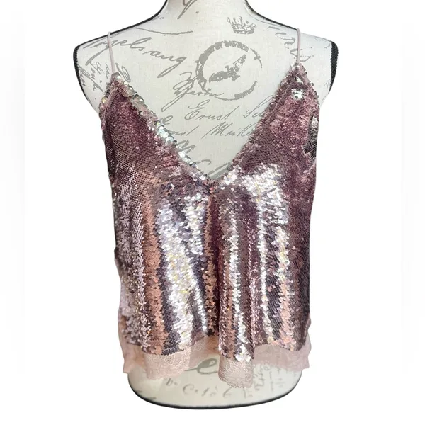 Free People Intimately Free Swinging Surpice pink sequin cami lace trim - XS - Image 4