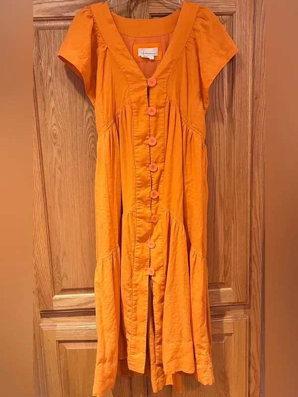 Reneé Flutter-Sleeve Linen Button-Front Midi Dress Pockets Orange Size Medium - Image 7