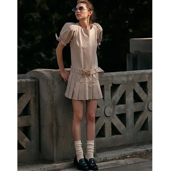 FREE PEOPLE NWOT Sevi Mini‎ Dress Belted Pleated Puff Sleeve Size Large - Image 3