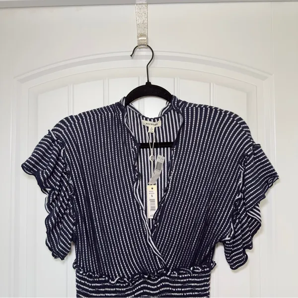 Max Studio Small Navy Jersey Smocked Waist Tiered Stripe‎ Dress Cottagecore - Image 4