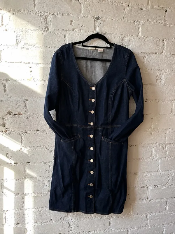 Levi's Monroe Denim Button Front V-Neck Short Sleeve Mini Dress Sz-large - Image 3