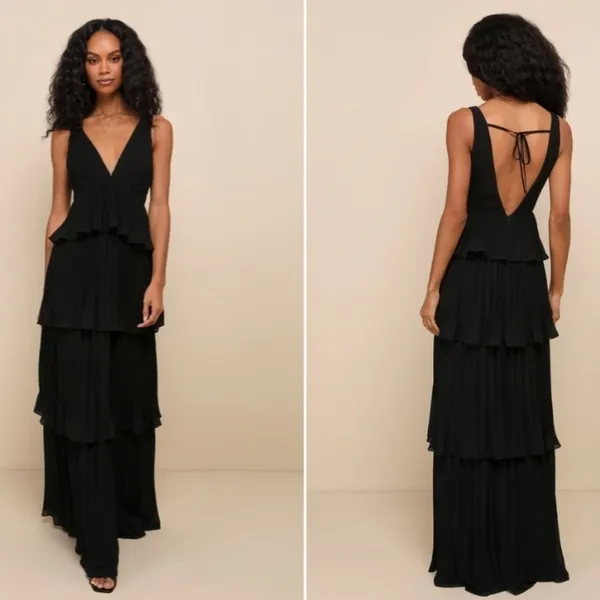 LULU's Prom Wedding Bridesmaid Pleated Tiered Ruffles Black Maxi Dress - Image 4