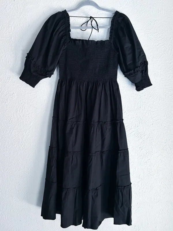 Hill House Home Nesli Nap Dress Black Smocked Tiered Midi Puff Sleeve Small - Image 4