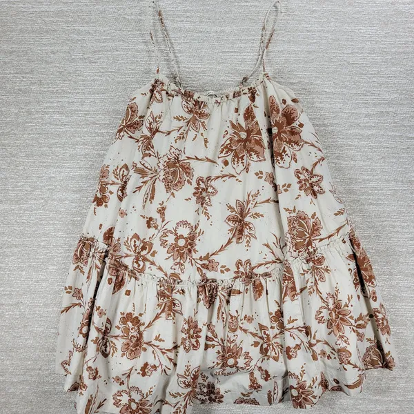 Abercrombie & Fitch Babydoll Cami Top Womens M White Brown Floral Tiered Tunic - Image 3