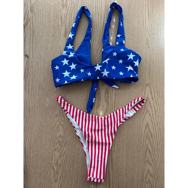 B45 New Women AMI Sexy 2Pc Patriotic American Flag🇺🇸Bikini Cheeky Medium/Large - Image 3