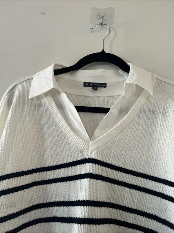 Adrianna Papell Black White Striped Layered Sweater XL Coastal Preppy Business - Image 3