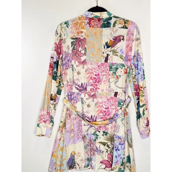 ZARA Dress Purple Mini Floral Patchwork Linen Shirtdress Waist Tie Boho Medium - Image 10