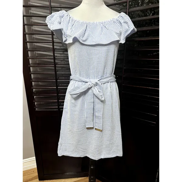 Michael Kors Women's Blue/White Striped Off Shoulder Ruffled Dress S NWT - Image 2