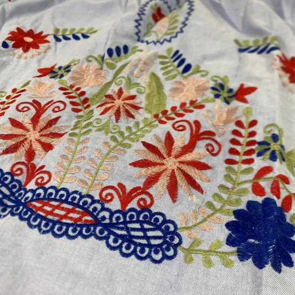 Ellison Dress Womens Large Blue Off Shoulder Embroidered Chambray Boho Floral - Image 2