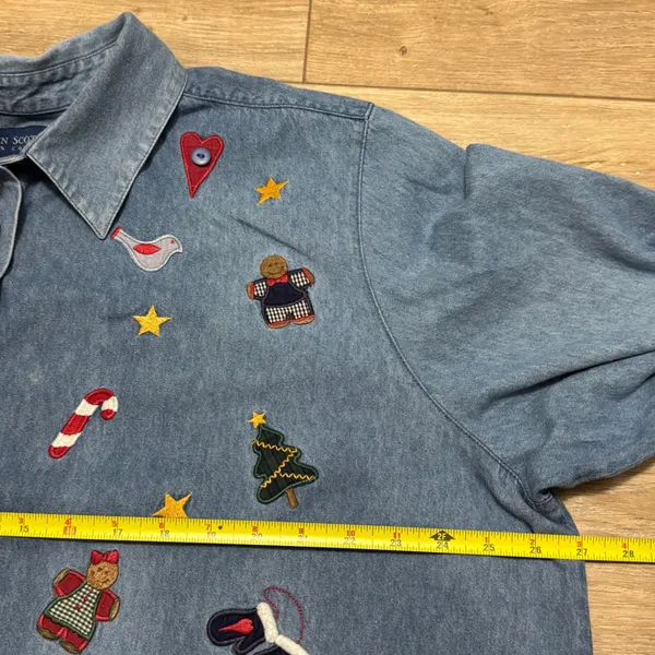 Karen Scott II 2X Christmas Denim Shirt Embroidered Holiday Applique Cottagecore - Image 4