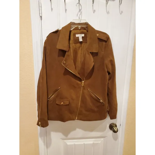 H&M womens biker jacket size US 14 brown zip long sleeve solid - Image 2