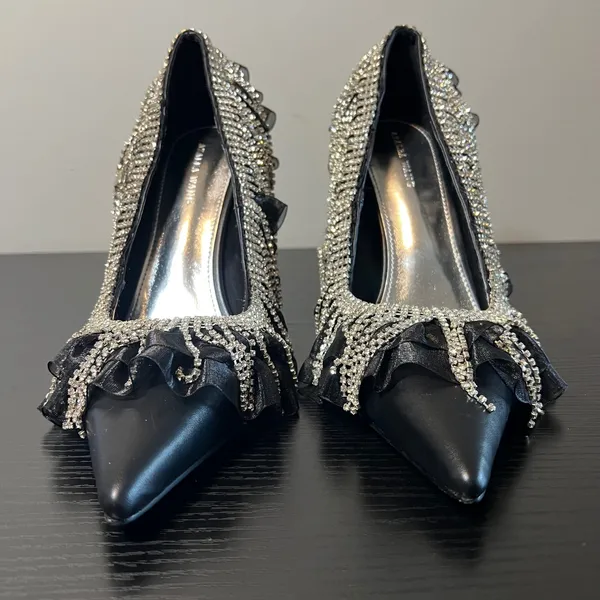 Azalea Wang Trystan Black Rhinestone Fringe Ruffle Pointed Toe Stiletto Pumps 11 - Image 3