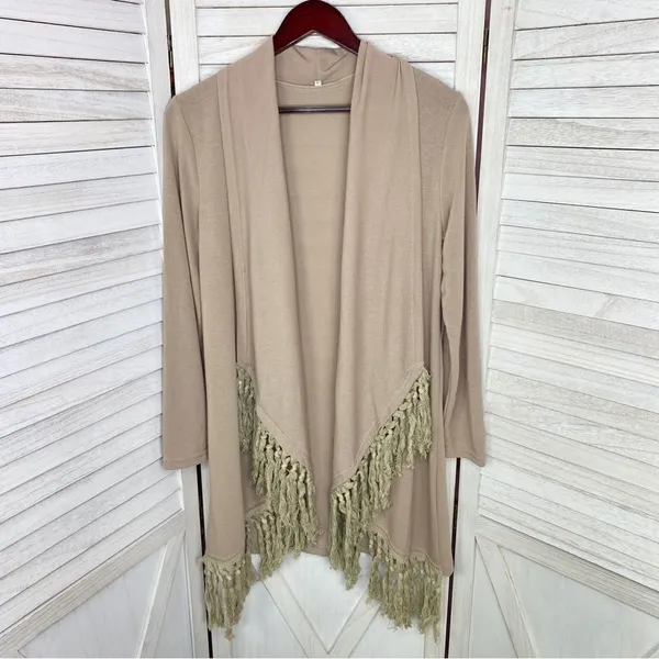 Boho‎ Fringe Hem Waterfall Cardigan Knit Khaki Tan Small Open Front Long Sleeve - Image 7