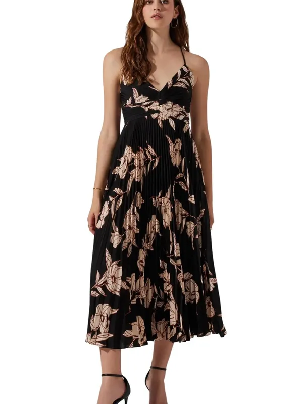 ASTR The Label Blythe Dress in Black Floral Pleated MIDI‎ Strappy Open Back S - Image 3