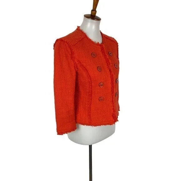 Jacqueline Riu‎ Red Boucle Double Breasted Jacket Blazer Frayed Trim Button 36 - Image 3