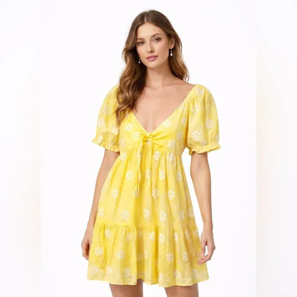 Dee Elly Yellow White Daisy Smocked Puff Sleeve Mini Babydoll Dress - Image 6