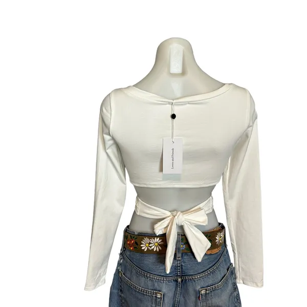 Lovers + Friends White Wrap Crop Top XS Waist Tie Long Sleeve Cut Out $105 NEW - Image 6