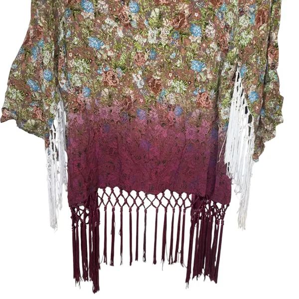 BKE Gimmicks Boho Hippie Floral Kimono Cardigan Fringe Ombre Sheer‎ Festival M - Image 5