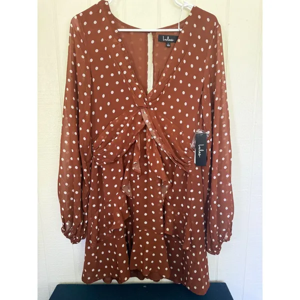 Lulus Rust Brown Polka Dot Long Sleeve Ruffle Mini Dress NWT - Image 2