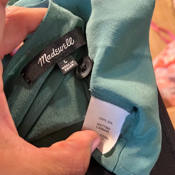 Madewell Silk Button-Back Tie-Front Top Forest Green G2064 Size L - Image 6