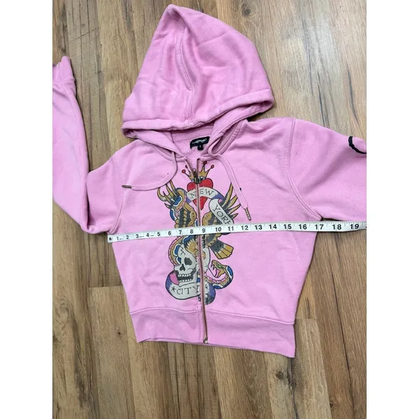 Ed Hardy Women S Pink Zip Hoodie New York City Skull Tattoo Y2K Graphic - Image 7